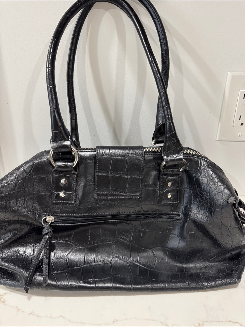 Harley-Davidson Black Croc-Embossed Studded Leather Tote with Silver Hardware - Picture 3 of 4